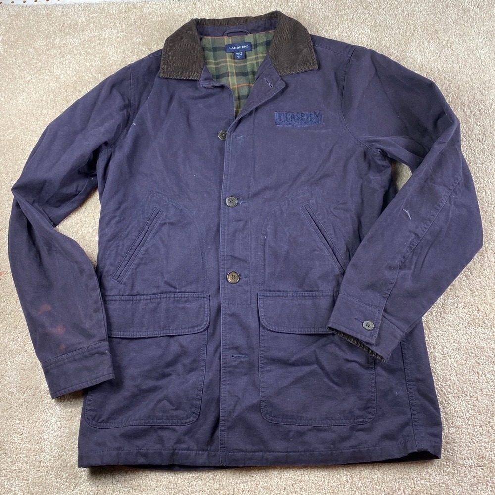 Lands End Lucasfilm Ltd Chore Coat Navy Blue‎ Canvas Plaid Lined Mens M Tall